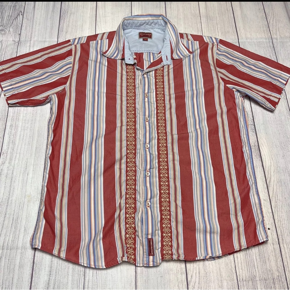 Y2K Tommy Hilfiger Button Front Shirt Mens Large Embroidered Camp Boho S/S Nice!